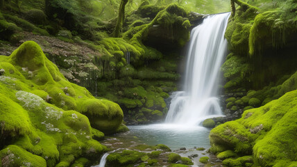 Enchanted Oasis: A Hidden Waterfall's Serene Cascade Through Moss-Covered Rocks