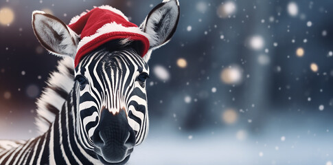 a beautiful zebra animal in the snow, winter scenario background, banner wallpaper style - obrazy, fototapety, plakaty