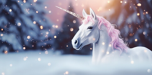 white horse  unicorn fairytale in a dreamlike scene , vibrant light background, christmas time 