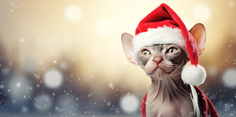 a cute cat with a christmas santa claus hat on vibrant light festive background, decorative wallpaper banner
