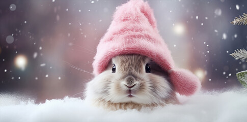 a cute white bunny with christmas hat on, in a bright festive light background