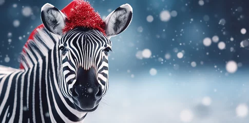 Fotobehang a beautiful zebra animal in the snow, winter scenario background, banner wallpaper style © aledesun