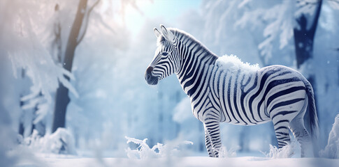 Fototapeta na wymiar a beautiful zebra animal in the snow, winter scenario background, banner wallpaper style