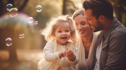 Parent playing bubble with their cute little girl. A happy family. - obrazy, fototapety, plakaty