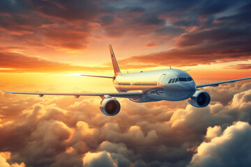 Fototapeta na wymiar airplane flying above the clouds at sunset