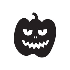 Simple isolated black pumpkin silhouette with scary face on white background for icons, halloween, stickers, greeting cards, webs, apps