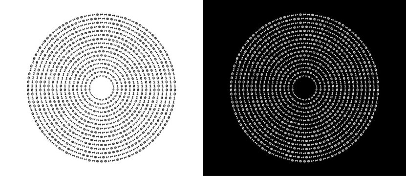 Abstract digits ONE and ZERO in circle over dark background. Big data or internet concept. A black figure on a white background and an equally white figure on the black side.