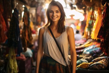 a beautiful female tourist exploring a busy market, ai generated - obrazy, fototapety, plakaty