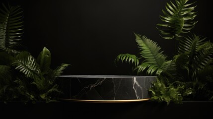 An elegant product presentation scene featuring a marble stone podium, dark backdrop, and natural green leaves.