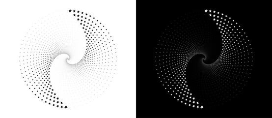 Abstract background with stars in circle. Art design spiral as logo or icon. A black figure on a white background and an equally white figure on the black side.