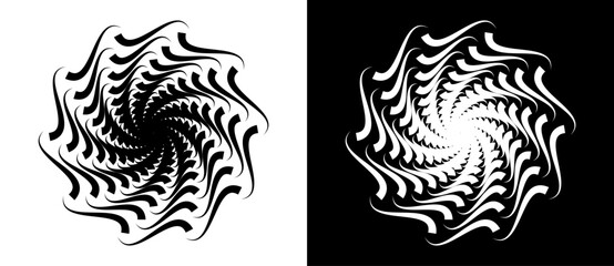 Abstract background with wavy lines in circle. Art design spiral as logo or icon. A black figure on a white background and an equally white figure on the black side.