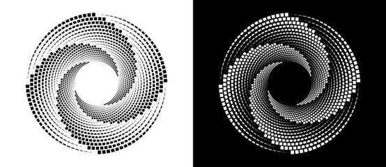 Abstract background with squares in circle. Art design spiral as logo or icon. A black figure on a white background and an equally white figure on the black side.