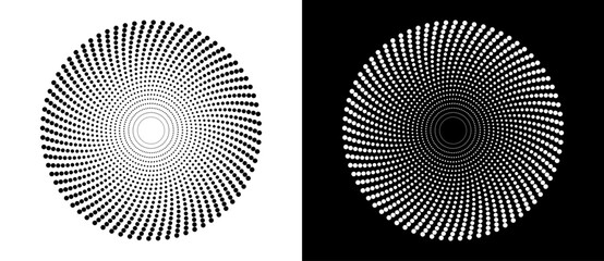 Circle with halftone black dots as advertising background or logo or icon. A black figure on a white background and an equally white figure on the black side.