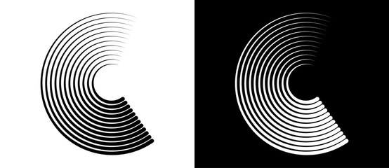 Abstract background with lines in circle. Art lines design spiral as logo or icon. Black lines on a white background and white lines on the black side. - obrazy, fototapety, plakaty