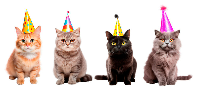 Set of four adorable cats wearing Birthday party hats posing over isolated white transparent background