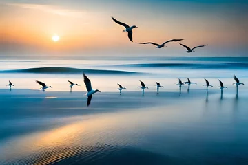 Fotobehang seagulls at sunset © Amir