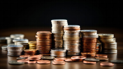 Close up of coins on table. Stock market financial concept.