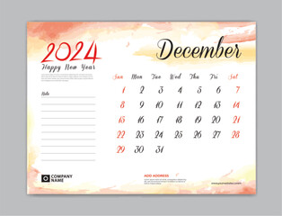Calendar 2024 template, Desk Calendar 2024 template, December 2024, week start on sunday, Wall calendar, planner, stationery, Printing template, organizer office, Red watercolor background, vector