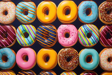 A lot of colorful donuts with delicious fillings lie sideways in a row in a box, top view flat lay,...