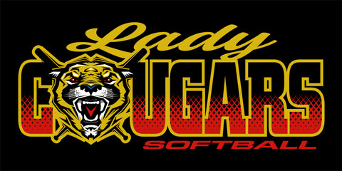 lady cougars softball team design with mascot head and crossed bats for school, college or league sports