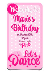 happy birthday party invitation card with pink background. Lets Dance party