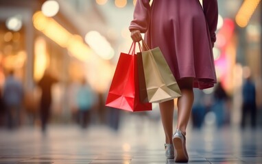 Woman walking with color shopping bags at shopping center. Generative AI - obrazy, fototapety, plakaty