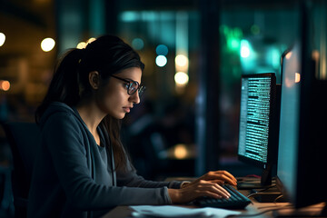 Young girl programmer writing code on the keyboard in the office space at night