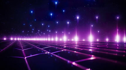 Fototapeta na wymiar 3D illustration of glowing purple lights with stars in purple tones. Abstract 3D stars background with glowing lights.