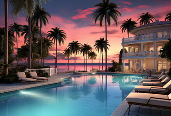 Fototapeta na wymiar Stunning villa pool with palm trees pink sunset view luxury vacation
