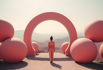Woman in pink outfit standing in front of matching pink circle arch with hilltop view, art concept. - Powered by Adobe