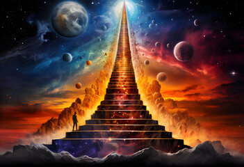 Climbing the stairway of self development to a higher consciousness - obrazy, fototapety, plakaty