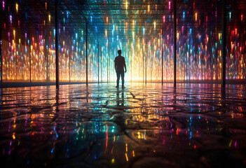 silhouette of a man standing in water in front of an explosion of color - obrazy, fototapety, plakaty