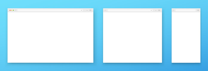 A set of white browser windows of different shapes on a blue background. Website layout with search bar, toolbar and buttons. Vector illustration. - obrazy, fototapety, plakaty