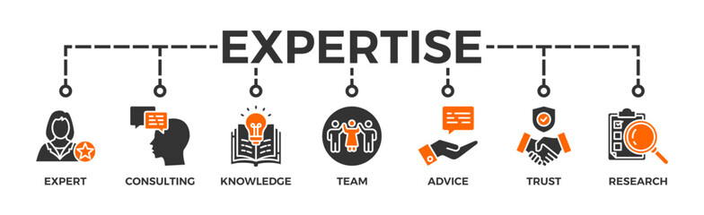 Expertise banner web icon vector illustration concept representing high-level knowledge and experience with an icon of expert, consulting, knowledge, team, advice, trust, and research