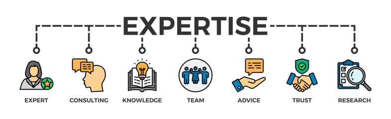 Expertise banner web icon vector illustration concept representing high-level knowledge and experience with an icon of expert, consulting, knowledge, team, advice, trust, and research