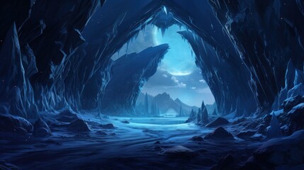Glacial cavern deep within an icy mountain, with towering ice formations, bioluminescent ice crystals game art
