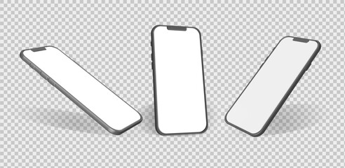Smartphone mockup in rotated position. Mobile from different angles with blank screen. Template for presentation 3D realistic device. Vector illustration for banner, flyer, business card.