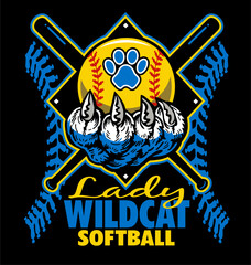 lady wildcat softball team diamond design with claw holding ball for school, college or league sports