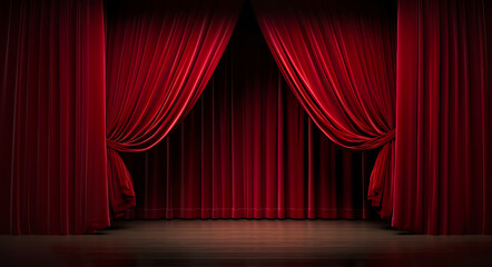 3D illustration of stage with red velvet curtain. Empty stage in red tones for presentation, promotion and copy space.