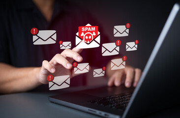 Cyber security awareness. Suspect emails alert. E-mail inbox with spam virus message caution sign...