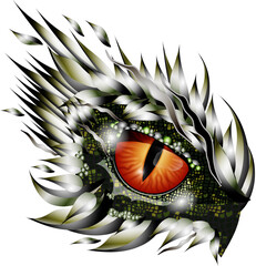magisches orangefarbenes Auge eines Drachen im Tattoo Stil mit silberfarbenen Elementen
