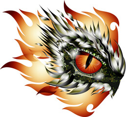 magisches orangefarbenes Auge eines Drachen im Tattoo Stil mit Flammenmuster in rot goldenen Farbtönen 