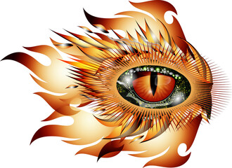 magisches orangefarbenes Auge eines Drachen im Tattoo Stil mit Flammenmuster in rot goldenen Farbtönen 