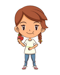 Girl eating red apple, touching her stomach