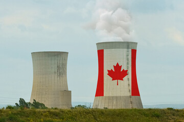 The Canadian flag is depicted on the cooling tower of the nuclear power plant