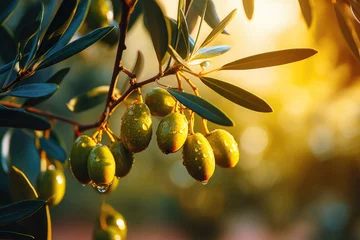 Poster Green olives with dew drops on olive tree branch at sunrise © Lazy_Bear