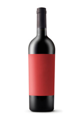 Red wine bottle with red blank label on white background. Easily apply your custom design on the label.