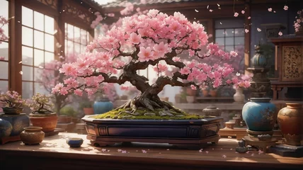 Foto op Plexiglas cherry blossom bonsai tree 4K wallpaper © Anisgott