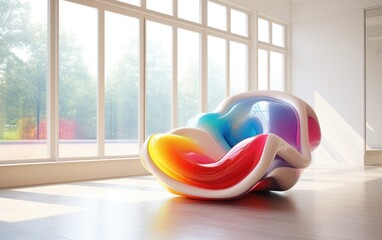 Multicolored modern inflatable armchair in a white bright modern living room. Generative AI - obrazy, fototapety, plakaty