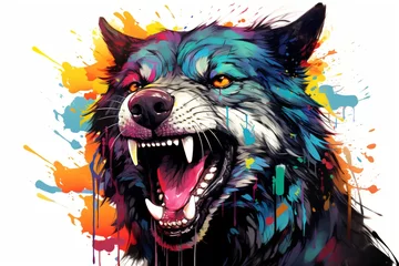 Fotobehang Watercolor painting illustration of an angry dog or wolf for t-shirt design or merchandise design © Tarun
